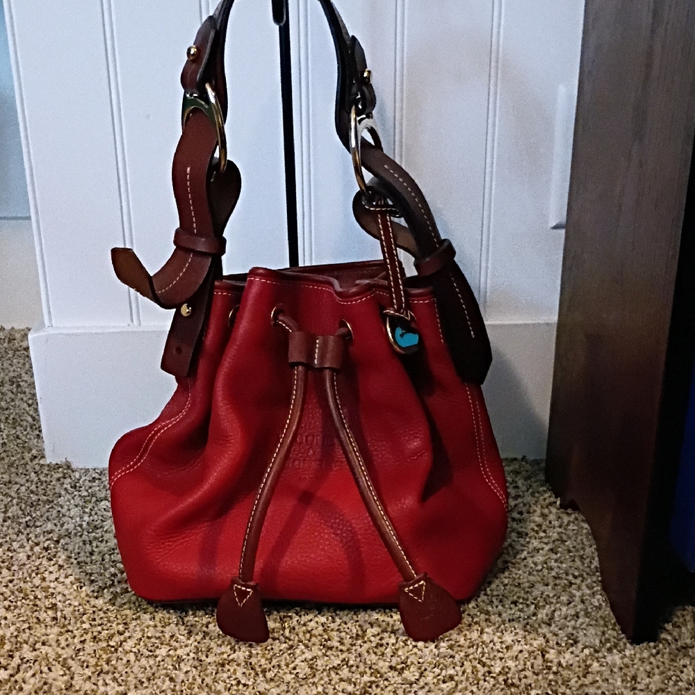 Dooney & Bourke Red Leather Drawstring Hobo with Brown Trim